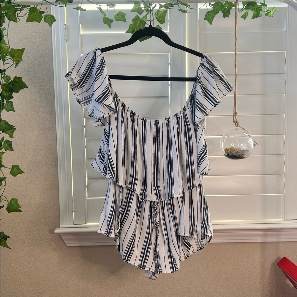 Fashion Nova Flowy Stripe Nautical Jumper Romper Swim XS